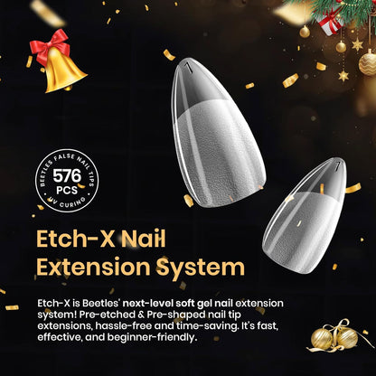 Beetles Gel Nail Tips 576Pcs Pre-shape Short Almond Etch-X Nail Tips – Housewarming and Birthday Nail Set for Women, Full-Cover Press-On Extensions with 12 Sizes