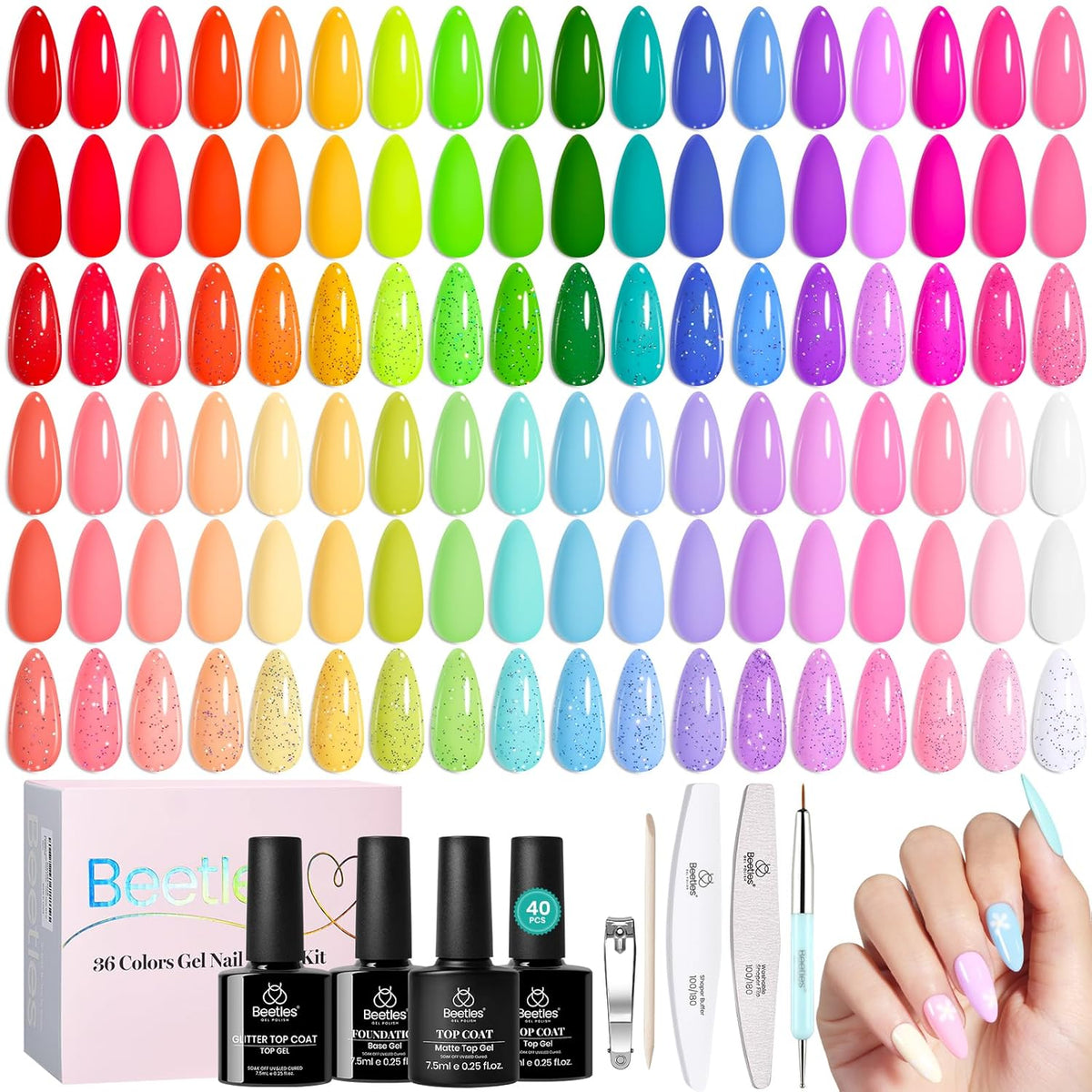 Beetles Signature Gel Polish Kit – Luxury DIY Manicure for Elevated Vanity with Matte Glossy and Glitter Top Coats and Curated Tools