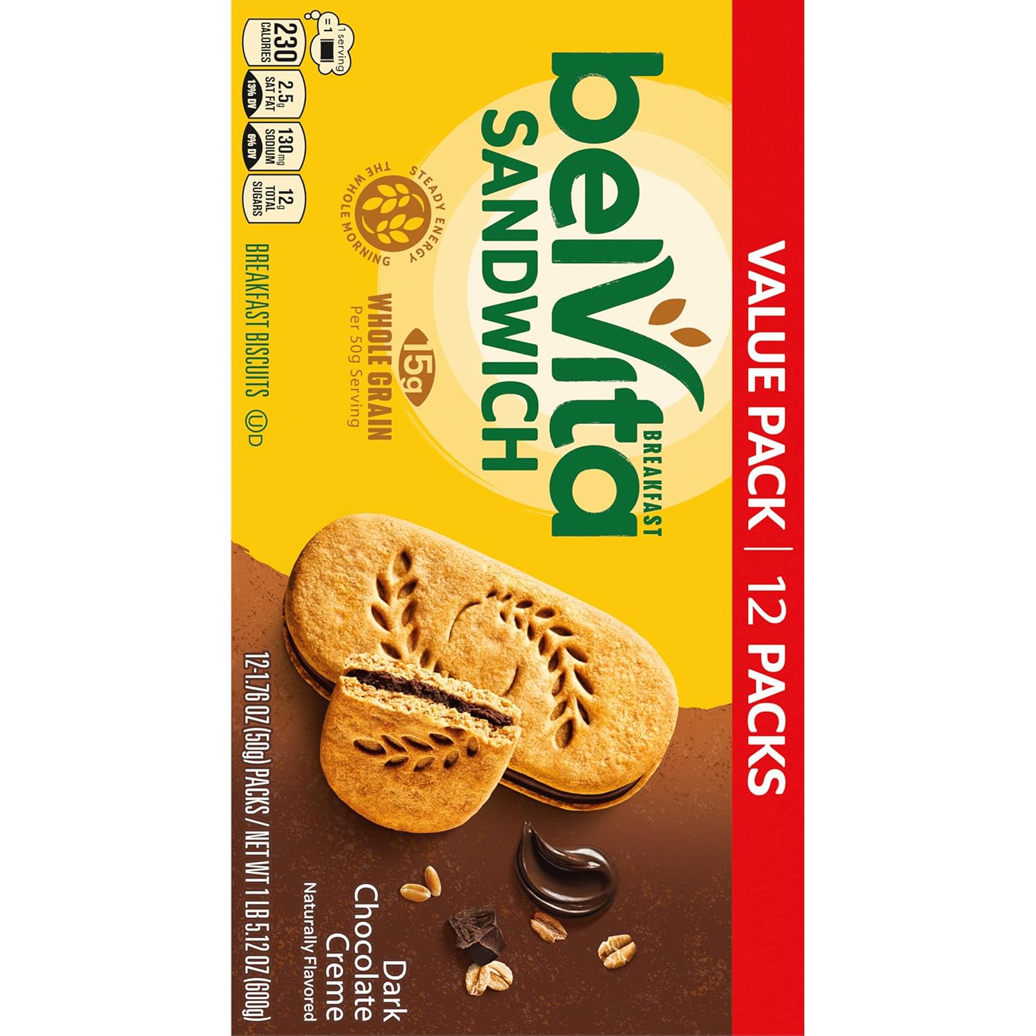 belVita Dark Chocolate Creme Biscuits – Portable Campus Energy for Long Lecture Days, 12-Pack Value Box