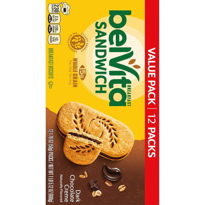 belVita Dark Chocolate Creme Biscuits – Portable Campus Energy for Long Lecture Days, 12-Pack Value Box