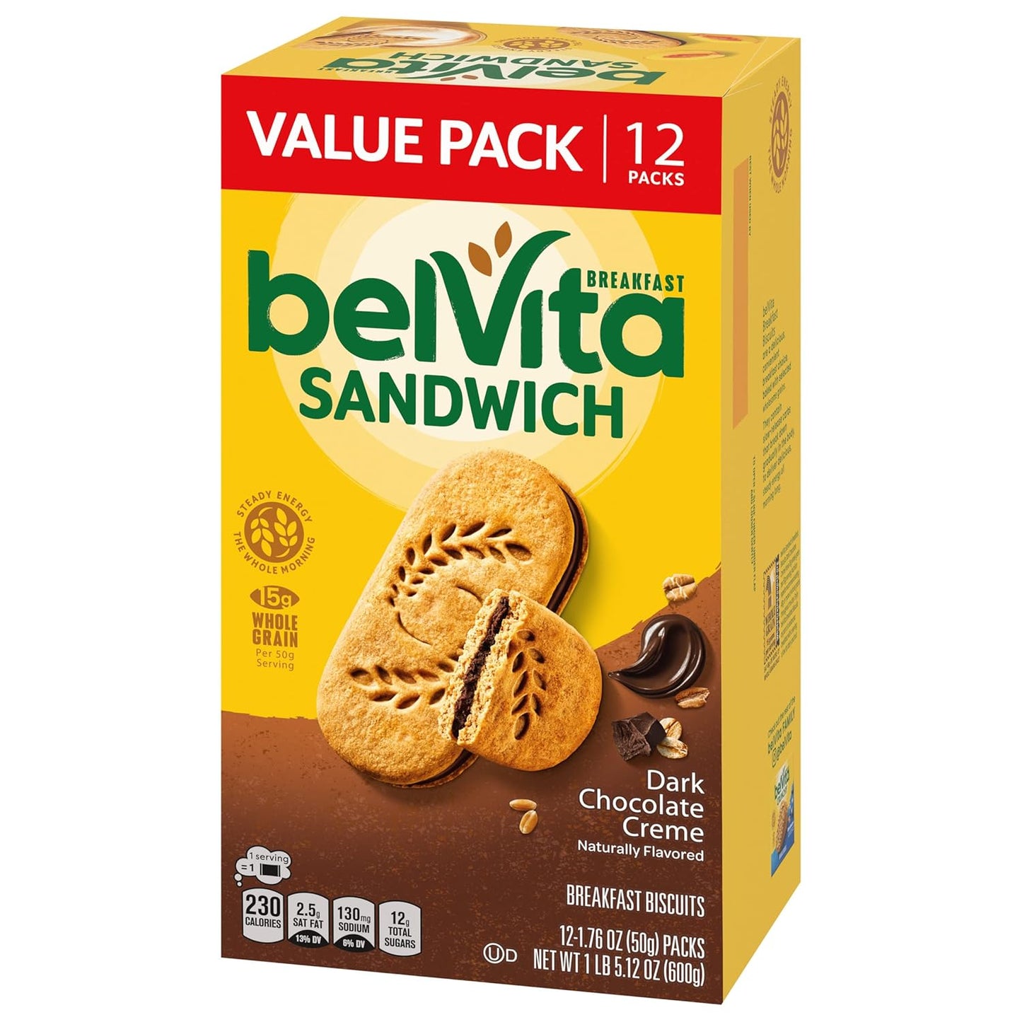 belVita Dark Chocolate Creme Biscuits – Portable Campus Energy for Long Lecture Days, 12-Pack Value Box