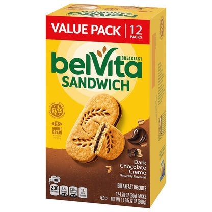 belVita Dark Chocolate Creme Biscuits – Portable Campus Energy for Long Lecture Days, 12-Pack Value Box