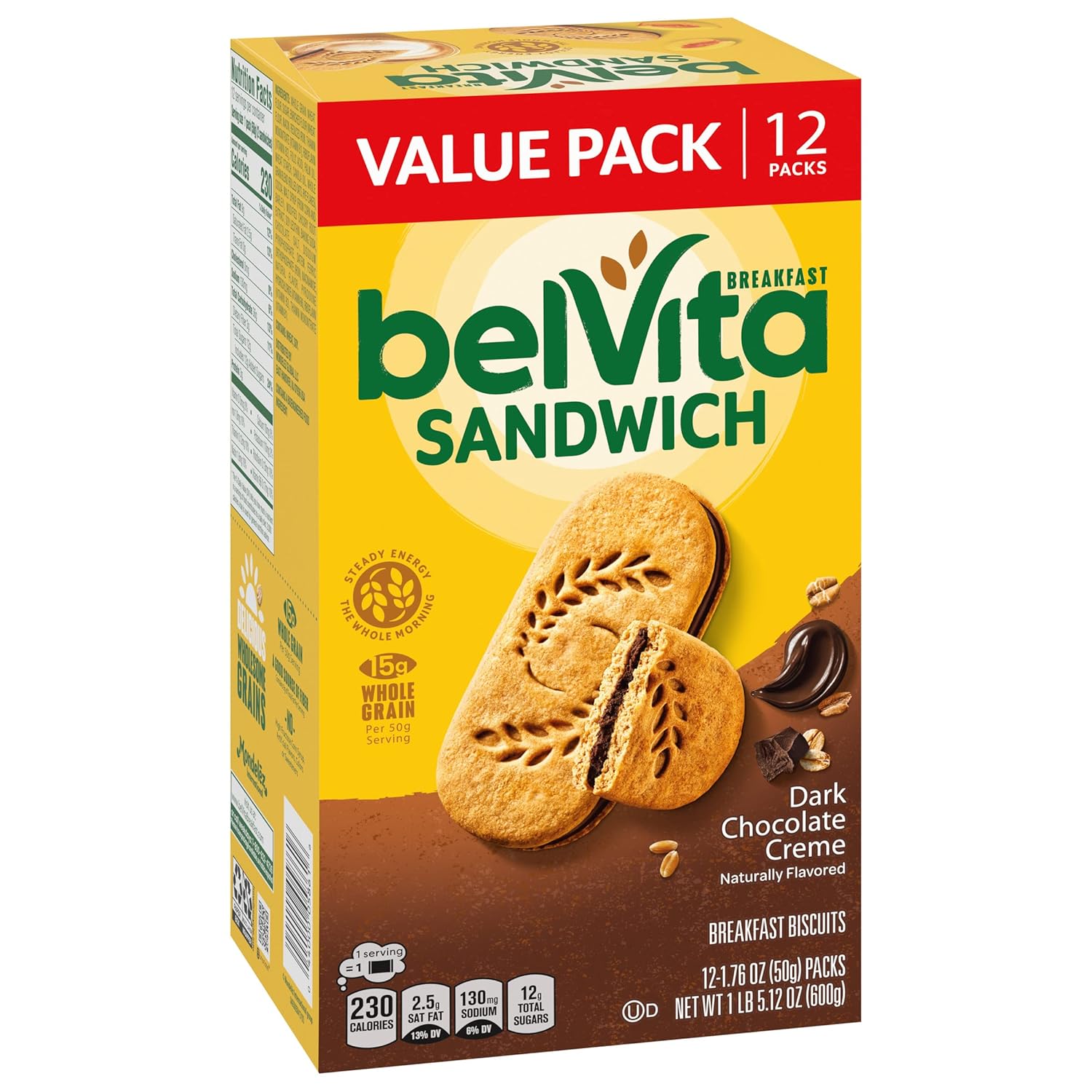 belVita Dark Chocolate Creme Biscuits – Portable Campus Energy for Long Lecture Days, 12-Pack Value Box