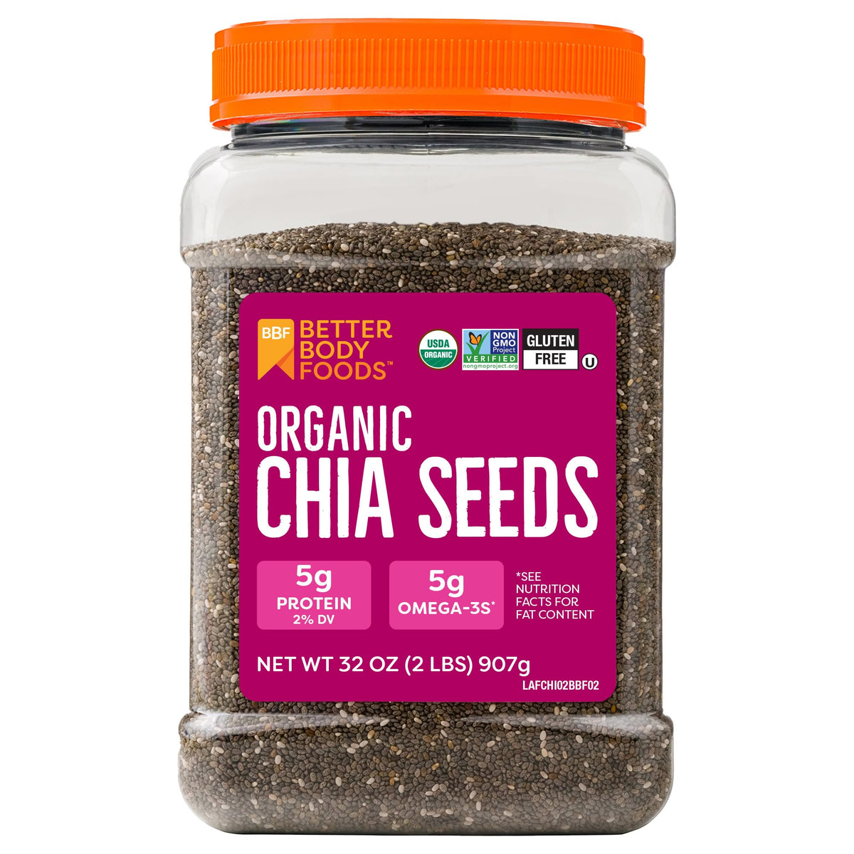 BetterBody Foods Organic Chia Seeds 2 lbs, 32 Oz, with Omega-3, Non-GMO, Gluten Free, Keto Diet Friendly, Vegan, Good Source of Fiber