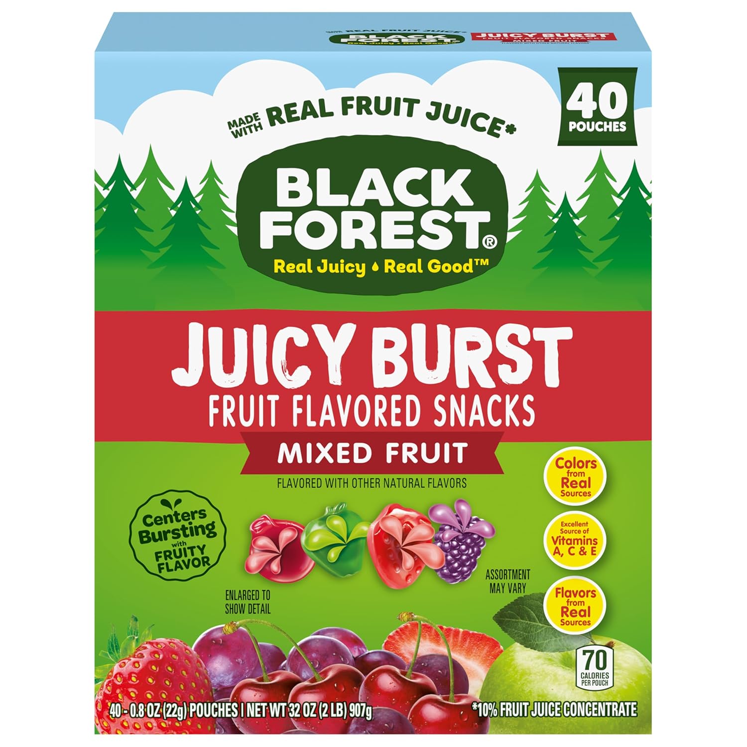 Black Forest Juicy Burst Study Snacks for Students and Office Workers – Mess-Free Fruit Gummy Pouches, 40 ct
