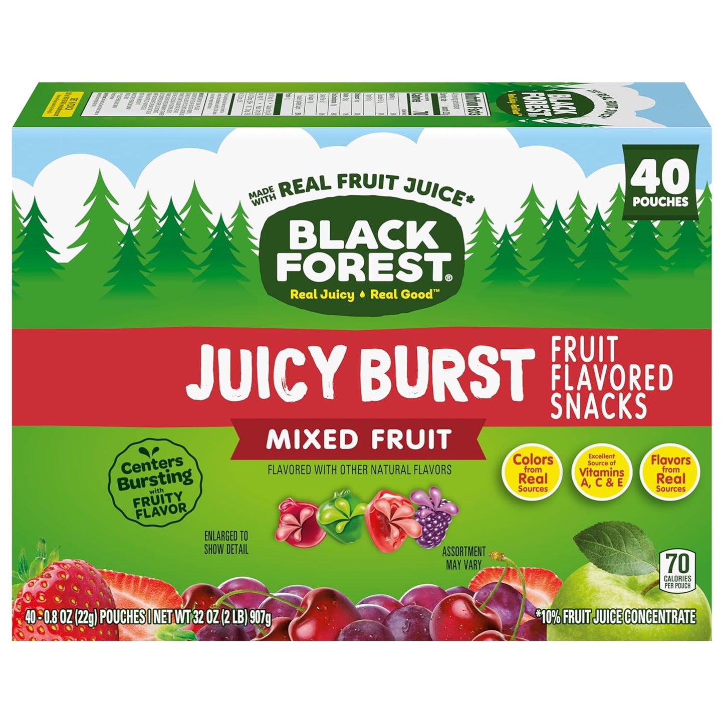 Black Forest Juicy Burst Study Snacks for Students and Office Workers – Mess-Free Fruit Gummy Pouches, 40 ct