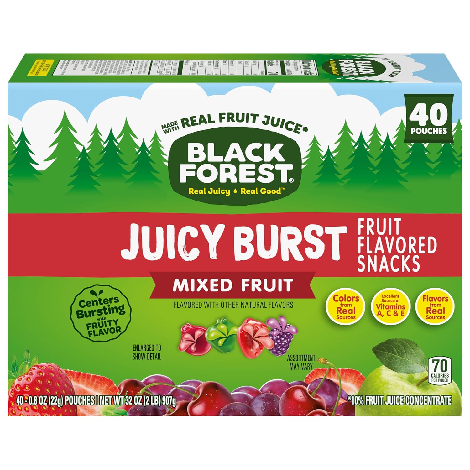 Black Forest Juicy Burst Study Snacks for Students and Office Workers – Mess-Free Fruit Gummy Pouches, 40 ct