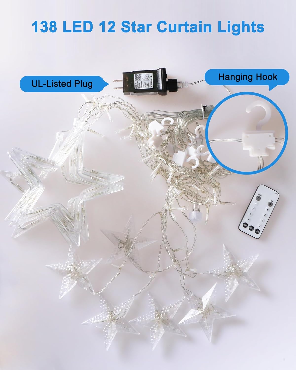 Blingstar Star Curtain Lights Warm White 138 LED 8.2 Ft with Remote and Timer Housewarming Gift and Holiday Present for Women
