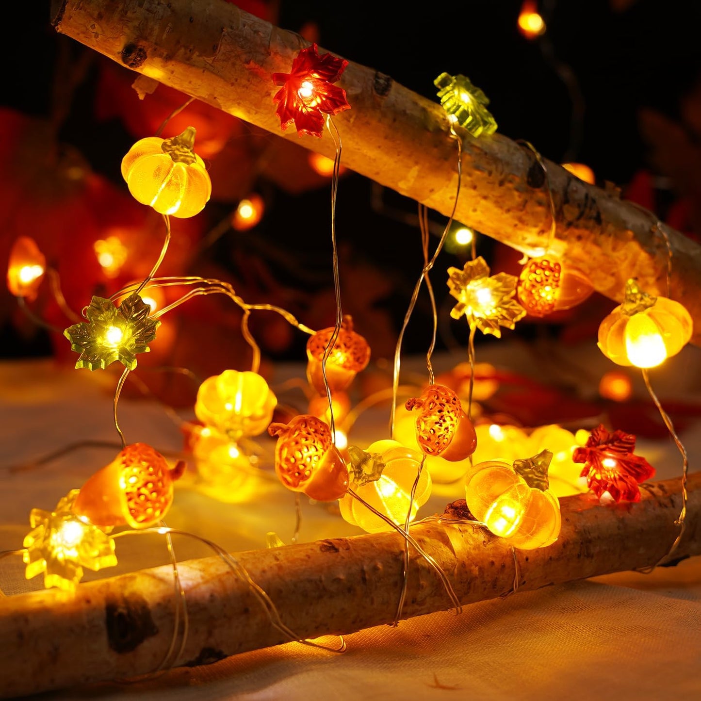 BOHON Pumpkin Acorn Maple Lights – Festive Hostess Gift for Thanksgiving, Battery Operated Fall Table Centerpiece Garland