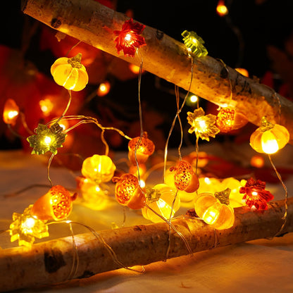 BOHON Pumpkin Acorn Maple Lights – Festive Hostess Gift for Thanksgiving, Battery Operated Fall Table Centerpiece Garland