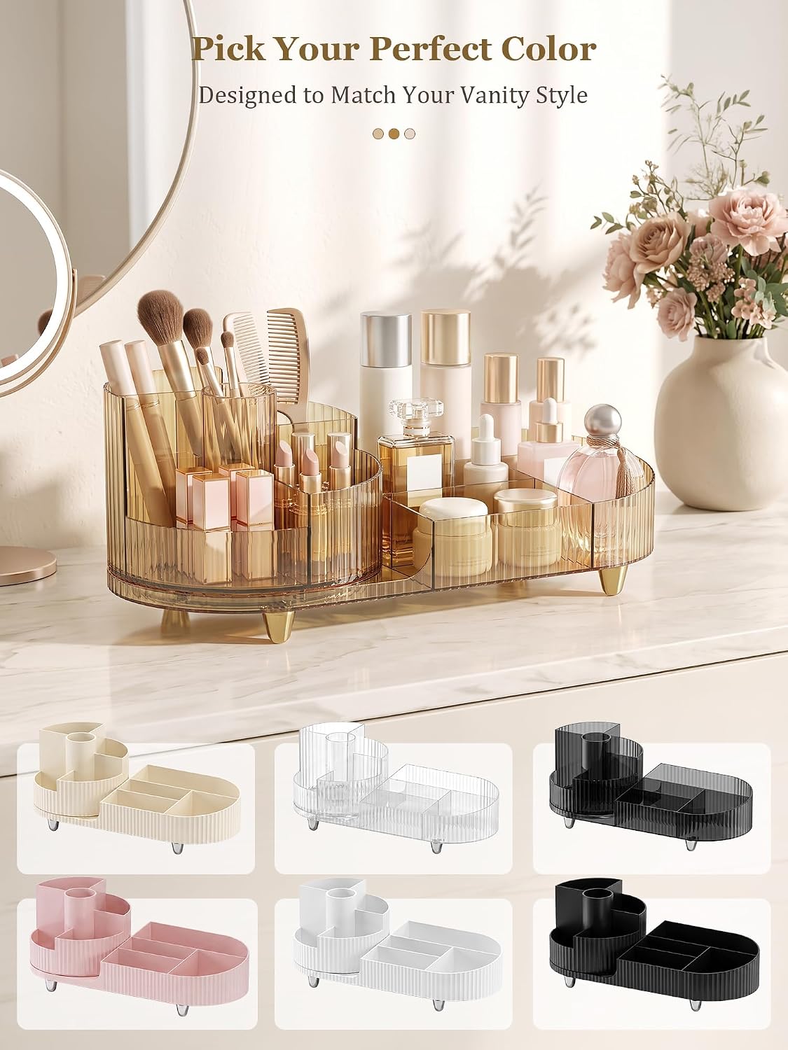 Booklov Rotating Makeup Organizer – Get-Ready-Faster Skincare and Brush Holder, Streamlines Countertop Routines