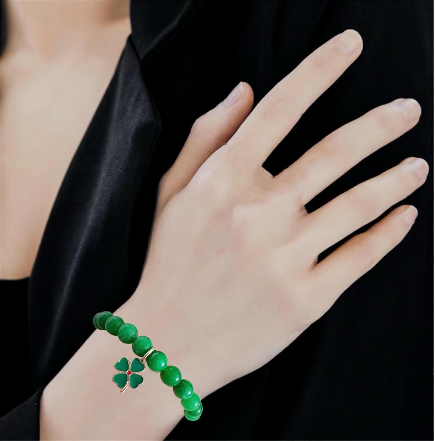 Bovemee Green Stone Charm Bracelet – Mother's Day Gift for Mom, Stackable Four-Leaf and Heart Jewelry Set