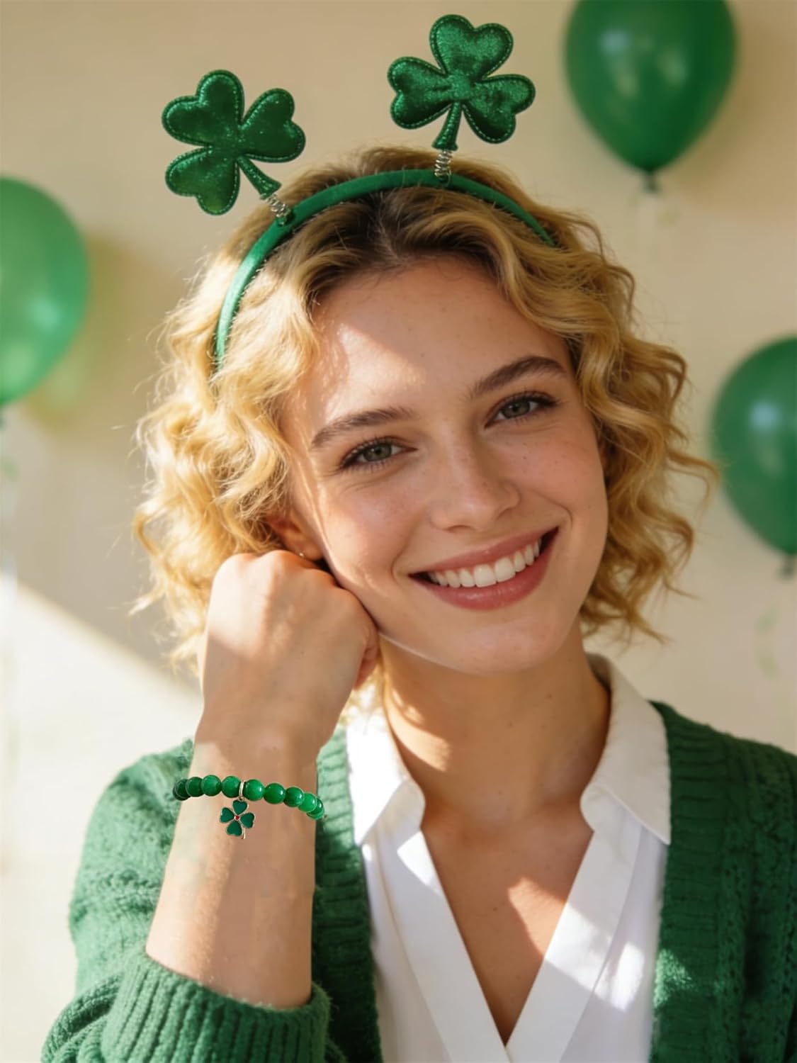 Bovemee Green Stone Charm Bracelet – Mother's Day Gift for Mom, Stackable Four-Leaf and Heart Jewelry Set