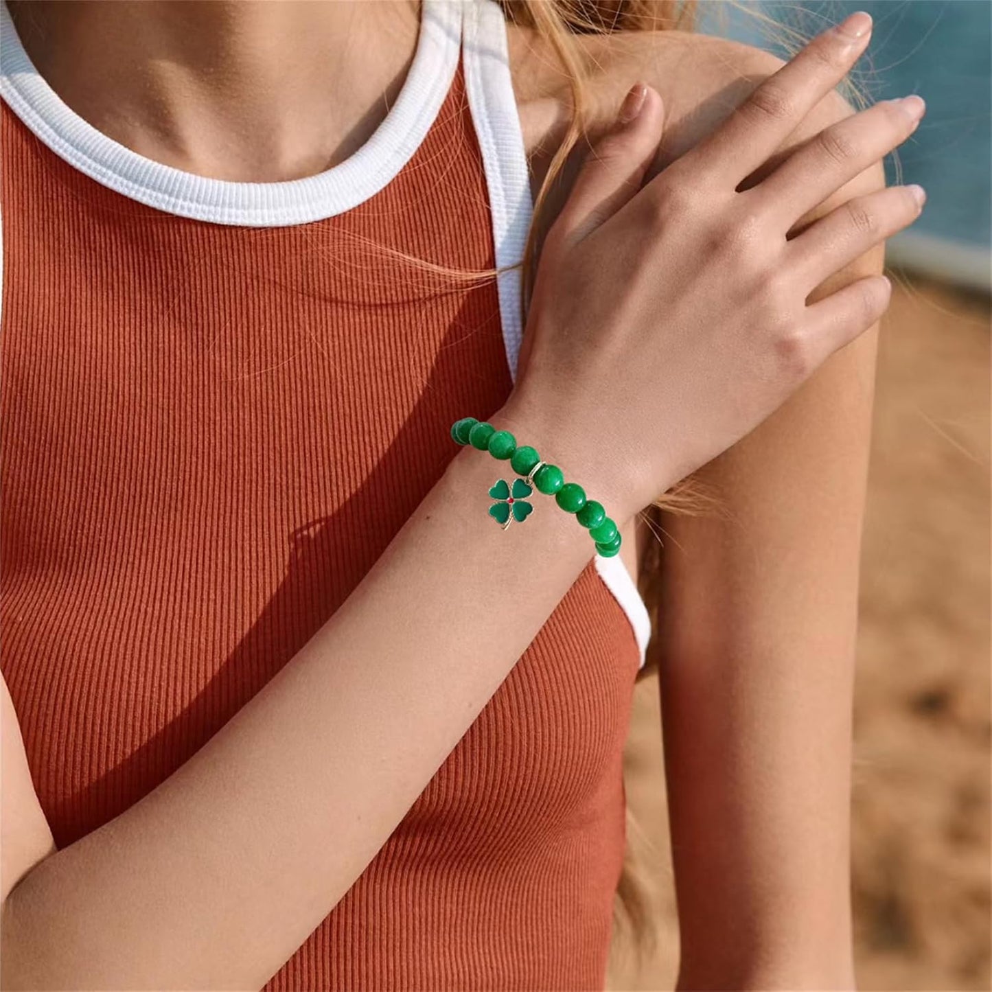 Bovemee Green Stone Charm Bracelet – Mother's Day Gift for Mom, Stackable Four-Leaf and Heart Jewelry Set
