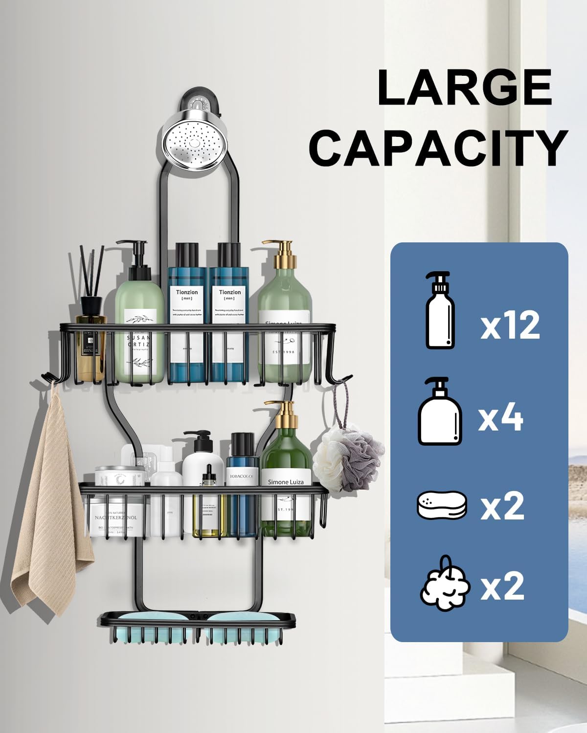 [Brand] Simple Shower Organizer for Less-Is-More Homes, No-Drill Aluminum Caddy in Black
