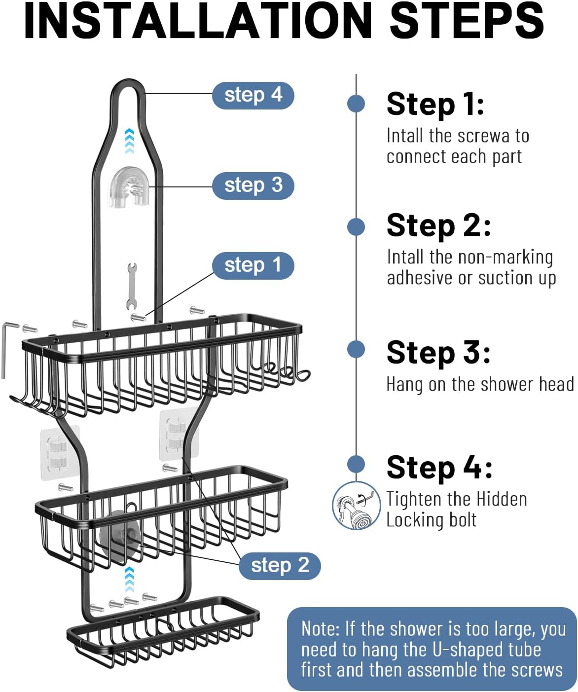 [Brand] Simple Shower Organizer for Less-Is-More Homes, No-Drill Aluminum Caddy in Black