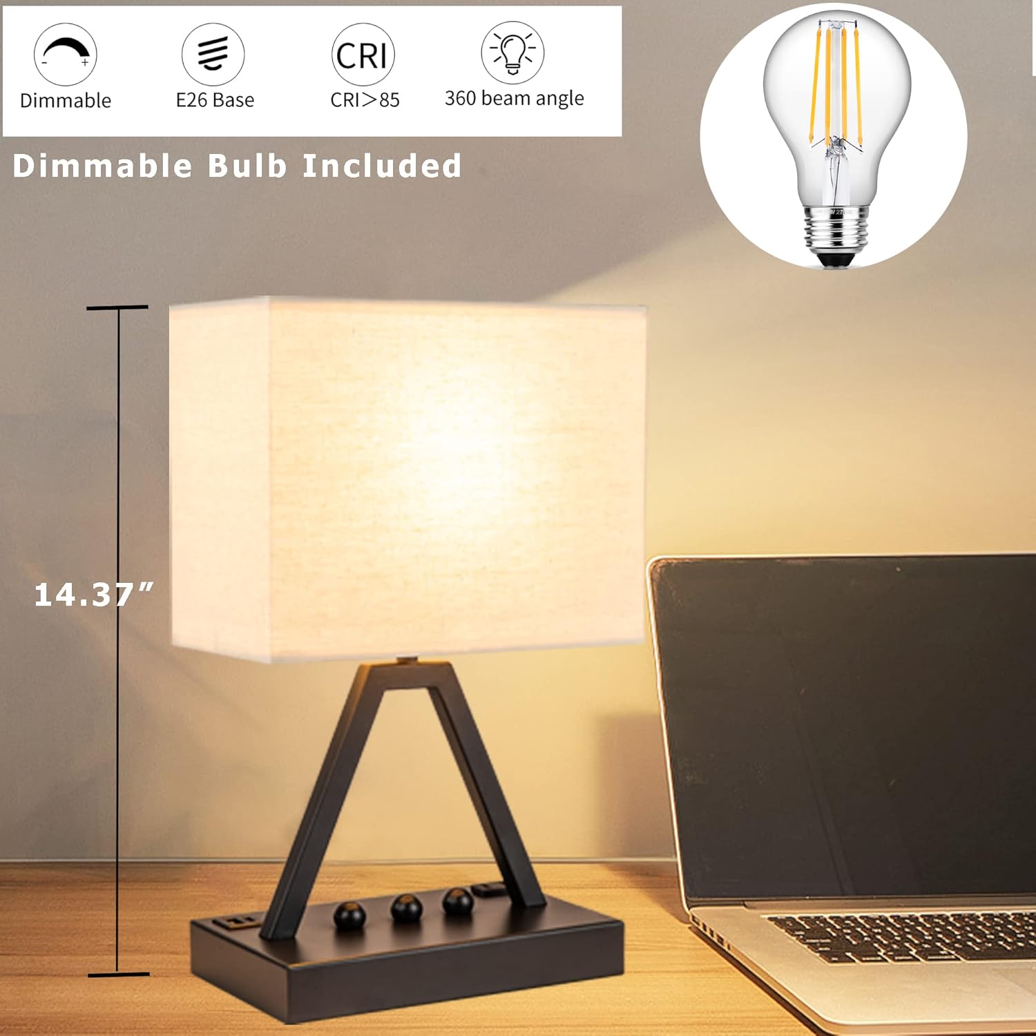 Briever 3-Way Dimmable Bedside Lamp – Living Room Accent Lamp with Warm 2700K Glow, Phone Stand Beads and Rust-Resistant Base