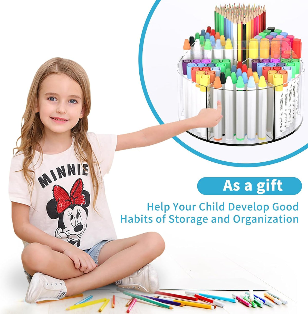 BrightBasids 360 Spinning Kids Art Storage Caddy – Clear Sturdy Marker and Crayon Organizer for Nursery and Playroom