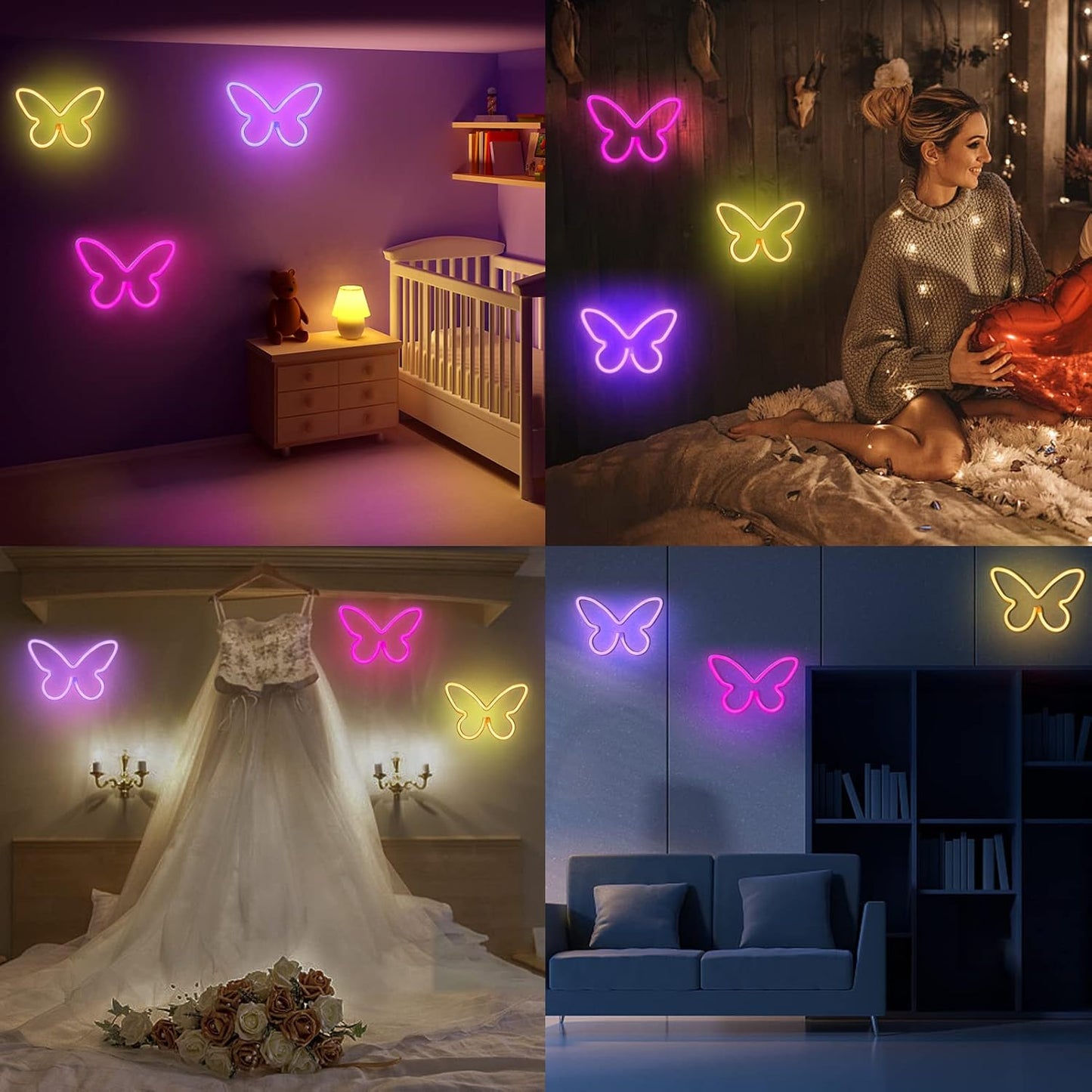 BRIGHTDECK 3-Piece Butterfly LED Neon Signs – Mindfulness and Self Care Room Ambience, Warm White Glow for Peaceful Evening Atmosphere