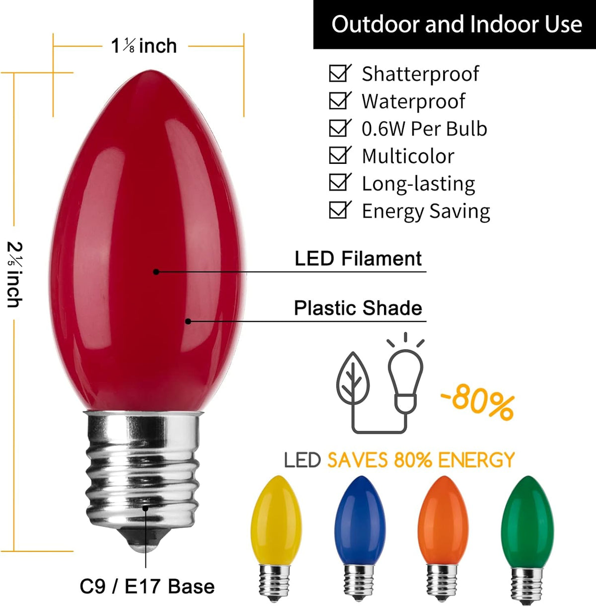 Brightown C9 LED Replacement Bulbs as White Elephant Christmas Gift, 25-Pack Multicolor Shatterproof Holiday Bulbs for Hostess and Friend
