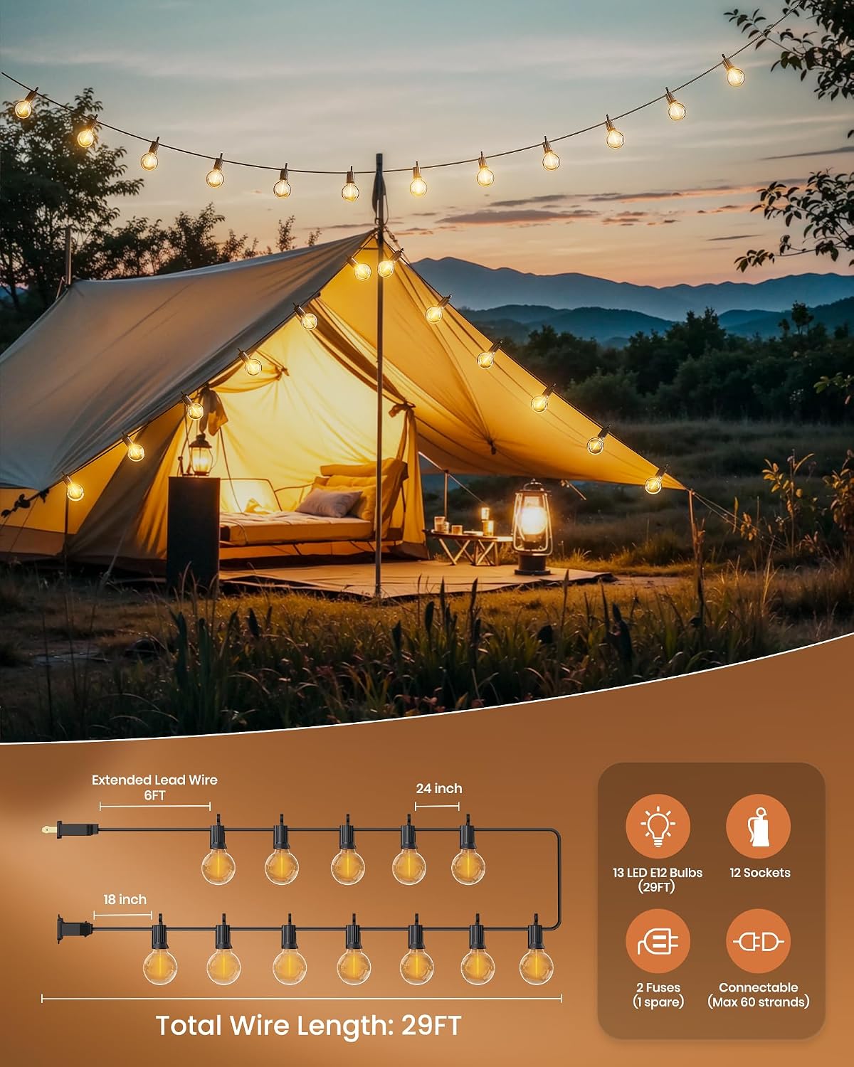 Brightown Safe LED Patio Lights, 29FT G40 12 Shatterproof Bulbs | No Glass Shards, No Fire Hazard, UL588 Certified, IP65 Waterproof, Dimmable, Warm White