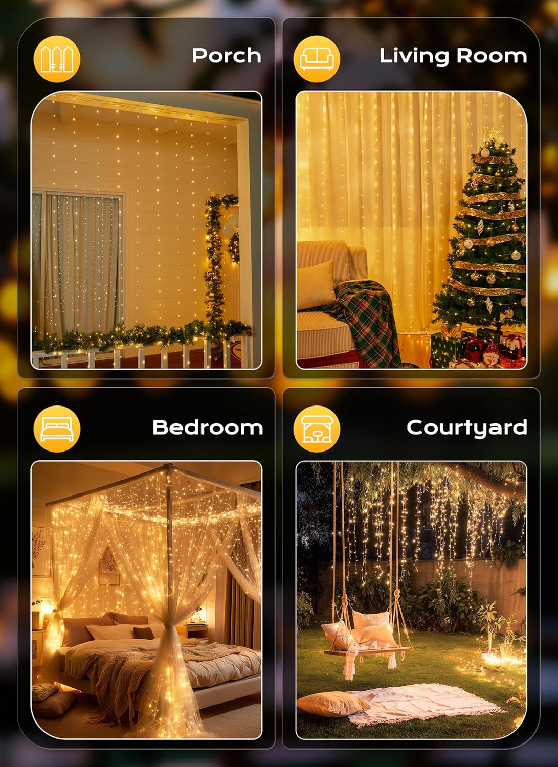 Brightown Warm White LED Curtain Lights 300 LEDs, Low Voltage USB 5V Child Safe Hanging Curtain for Playroom and Kids Bedroom, 8 Modes Dimming Remote