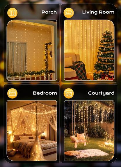 Brightown Warm White LED Curtain Lights 300 LEDs, Low Voltage USB 5V Child Safe Hanging Curtain for Playroom and Kids Bedroom, 8 Modes Dimming Remote