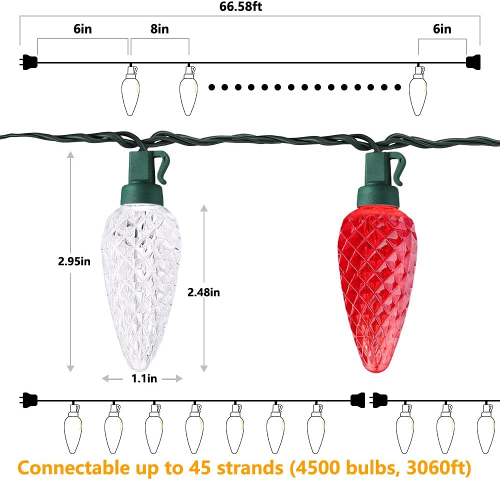 Brizled 100 LED Faceted C9 Lights with Replaceable Fuse Plug, 66FT UL Certified Safety String