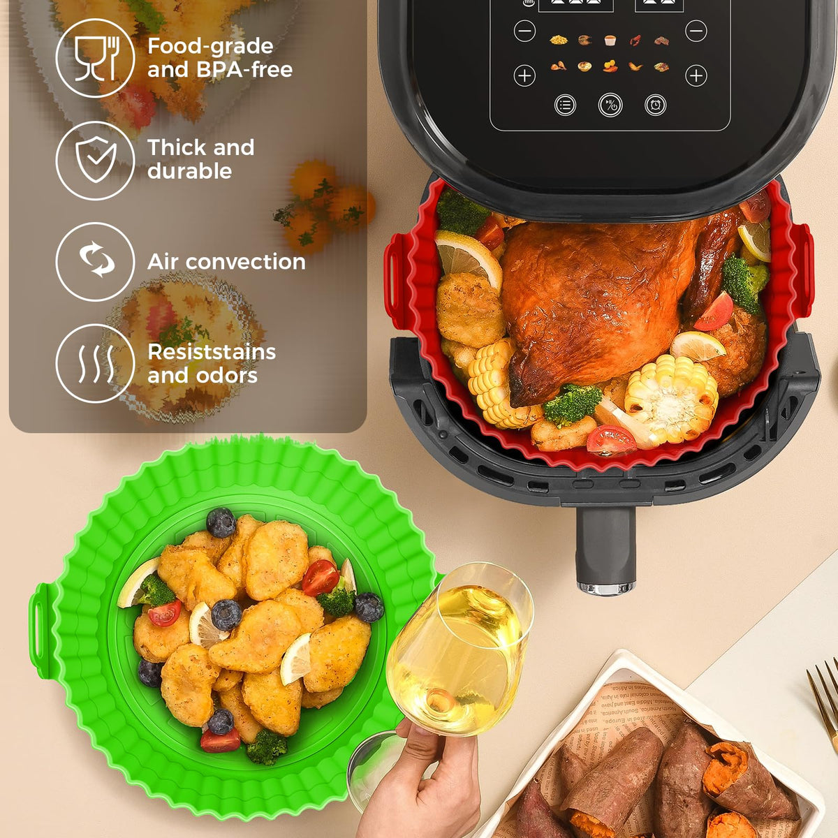 Buauty Silicone Air Fryer Liners Round – Nutritious Meal Prep Accessory, Reusable Food Grade Basket Liner for Guilt Free Family Cooking