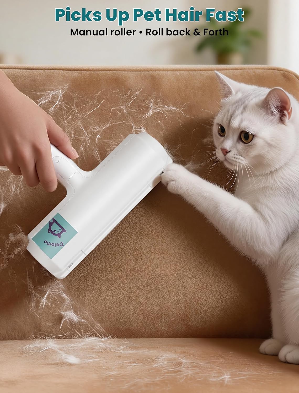 built-in large hair collection chamber that traps fur during rolling