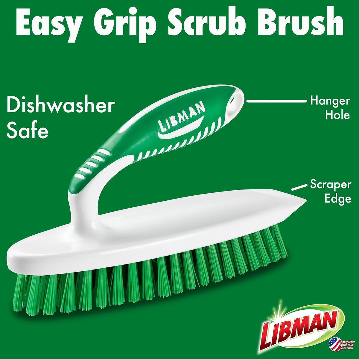 built-in scraper on the easy-grip brush for removing stuck-on residue
