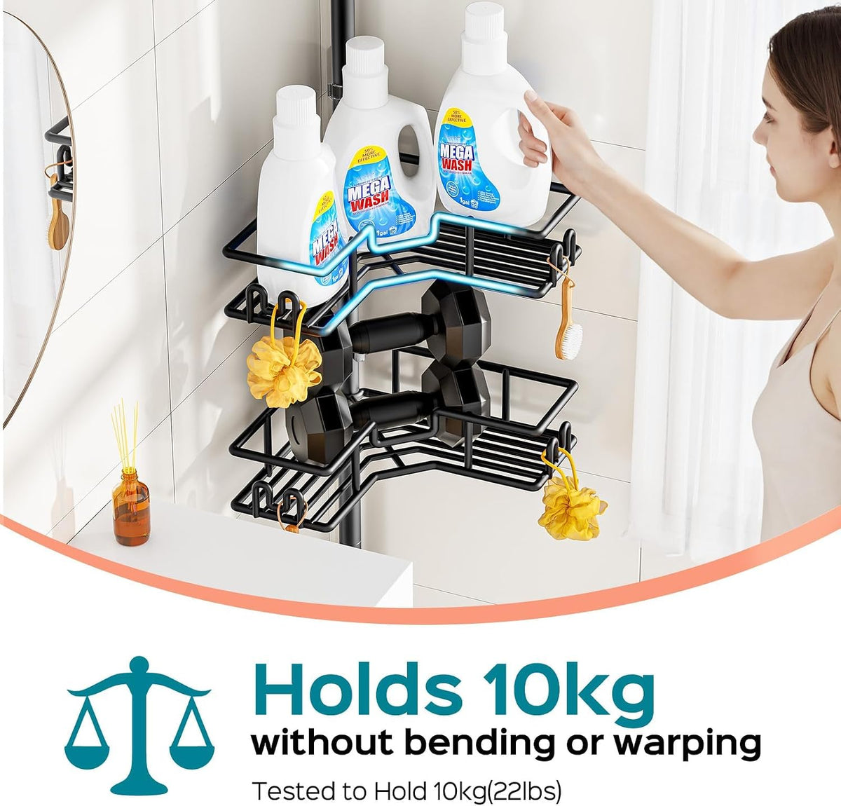 built-in side hooks for loofahs, razors, and bath brushes