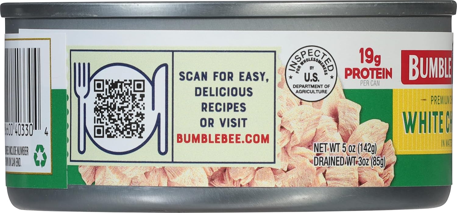Bumble Bee Canned Premium White Chicken Chunks – Sturdy Packable 19g Protein for Road Trips and Travel