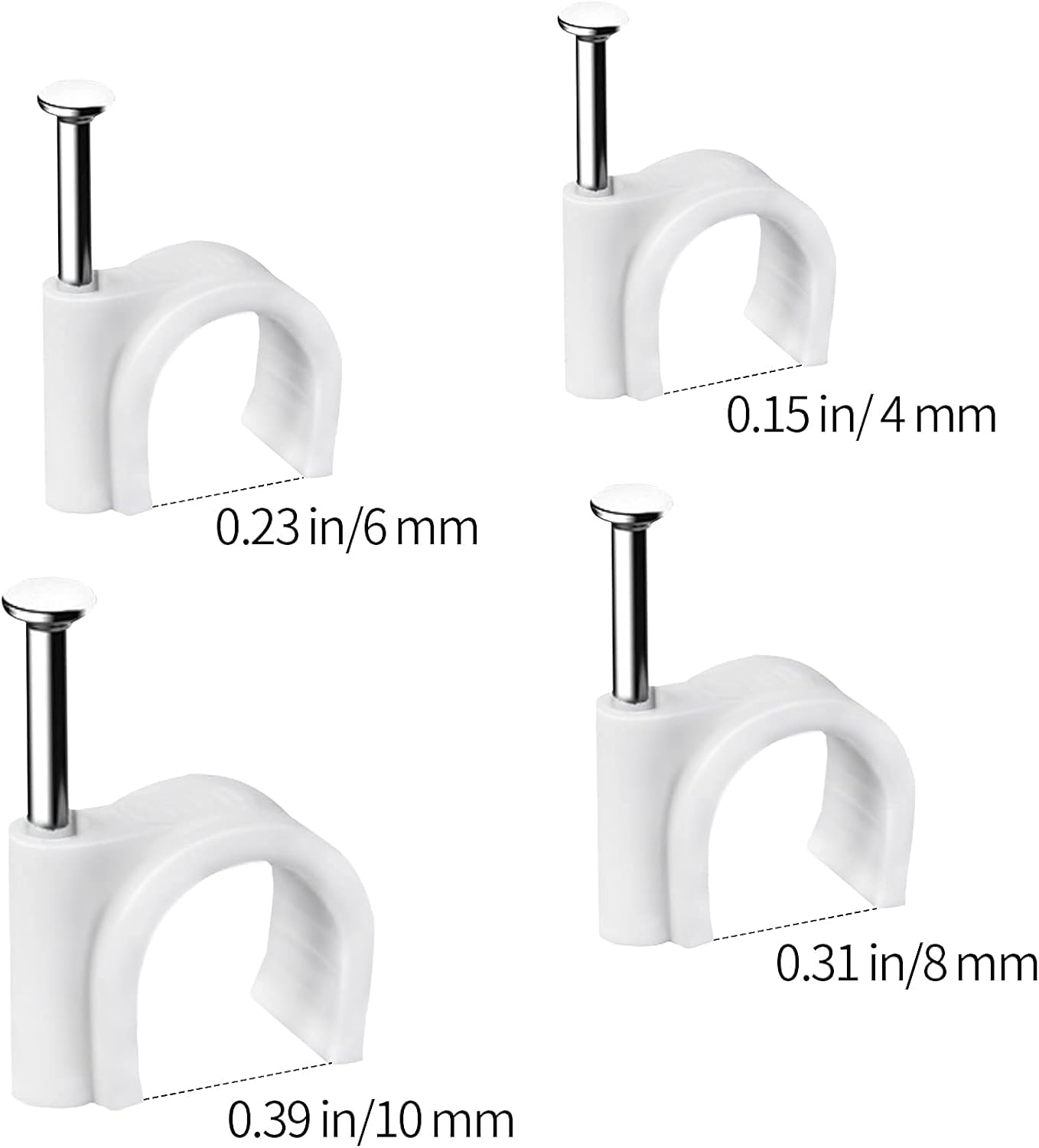 Cable Clips – Under Desk and Network Closet Cable Management, 4mm 6mm 8mm 10mm Steel Nail Cord Holders White