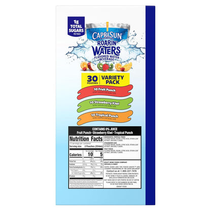 Capri Sun Roarin' Waters Variety Pack – Kid-Friendly Flavored Water for Lunchboxes, Practice and Playdates, 30 Pouches