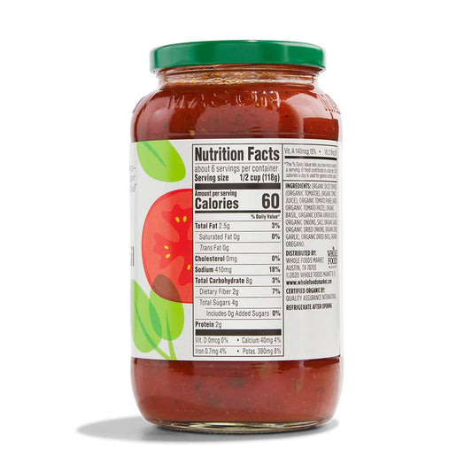 certified organic ingredients including organic tomatoes, basil, and extra virgin olive oil