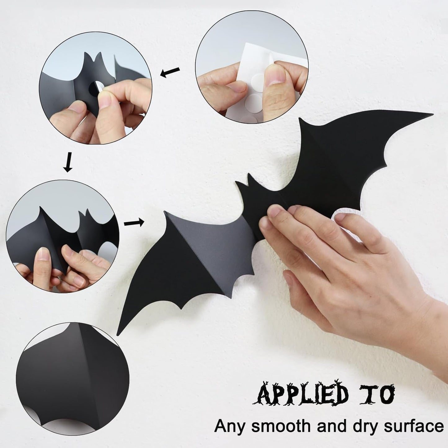 CESOF Spooky Bat Wall Art Set – 70 Reusable 3D PVC Bats in 5 Sizes, Matte Black Decor for Fireplace, Entryway & Window Walls