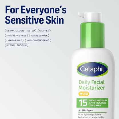 Cetaphil Daily Facial Moisturizer SPF 15 – Bedside Wind-Down to Morning Glow Routine, Gentle Hydrating Lotion with SPF