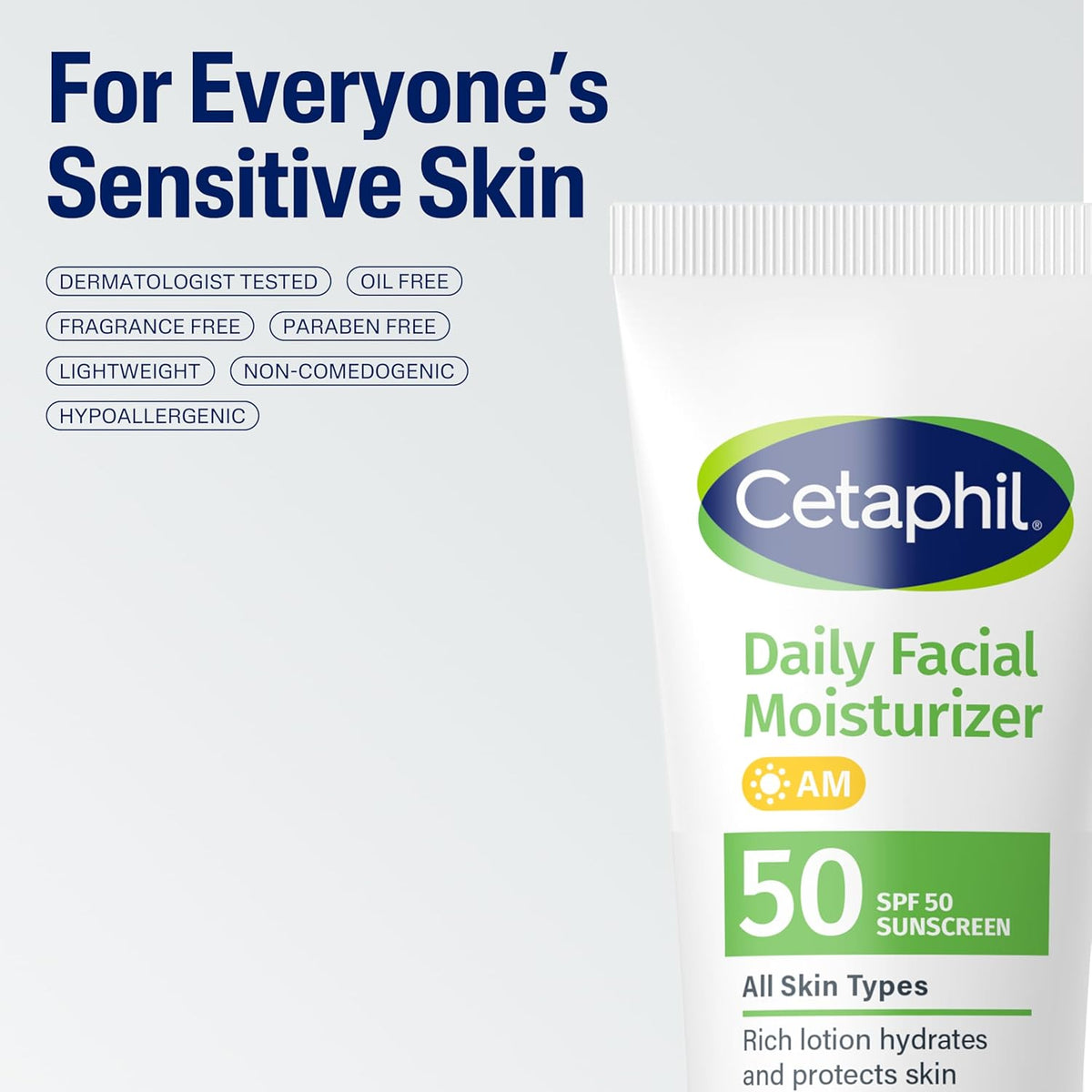 Cetaphil Daily Moisturizer SPF 50 – Gentle Daily UV Protection for Reactive Skin, Clinically Tested Formula