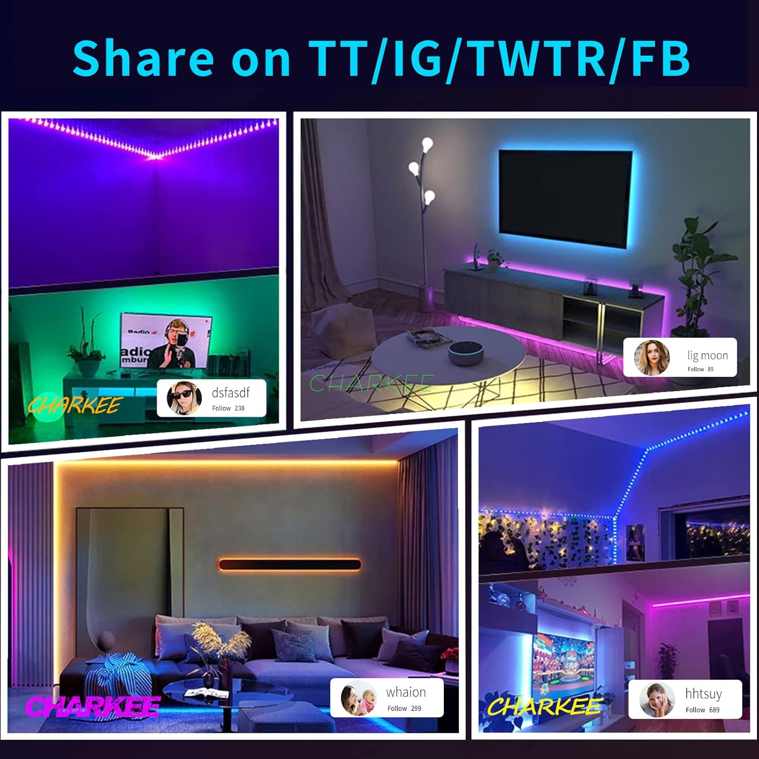 CHARKEE LED Lights for Bedroom and Home, Cool to Touch 5V USB RGB Strip Light Safe Around Kids Pets and Bedding, Bluetooth App and IR Remote
