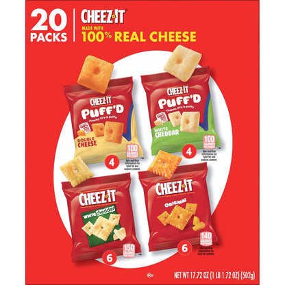 Cheez-It Cheese Crackers, Baked Snack Crackers, Kids' Snack Pouches for Lunchboxes and Backpacks, 17.72oz Box (20 Pouches)