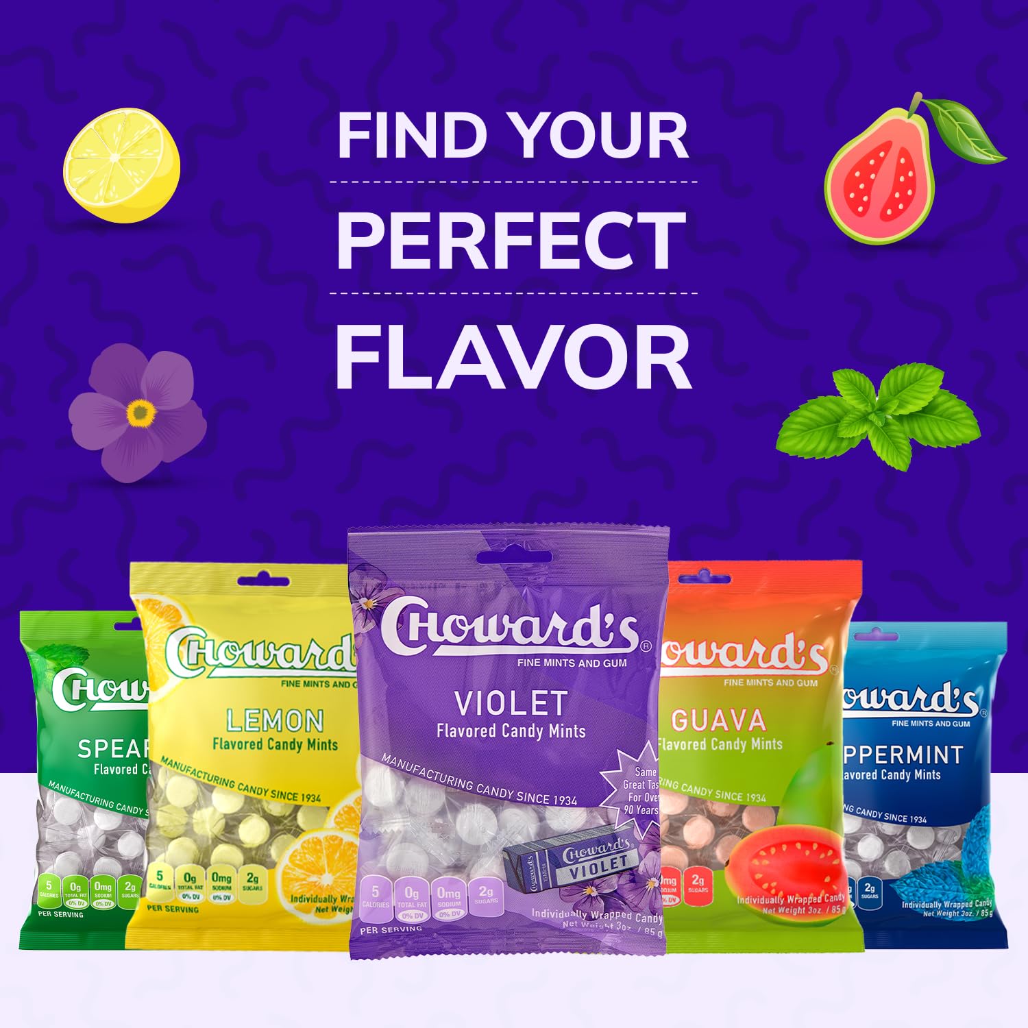 Choward's Violet Mints Candy Bag – Kids' Birthday Party Favor, 3 Pack of 49 Individually Wrapped Vintage Mints