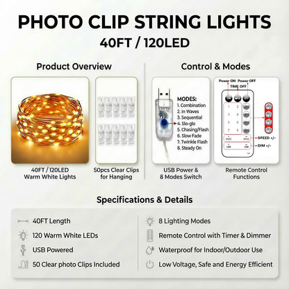 Christmas Stocking Stuffer Teenage Girls 8-18 - LED Photo Clip String Lights 40FT with Remote, Birthday Gift for Best Friend Sister Daughter