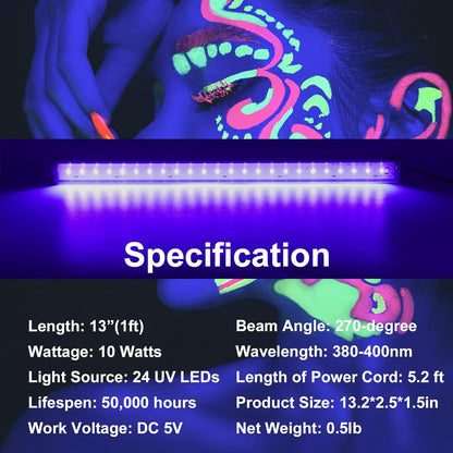 CICINY UV LED Strip – Weather-Friendly Glow Light for Camping & Backyard Events, USB 10W Blacklight