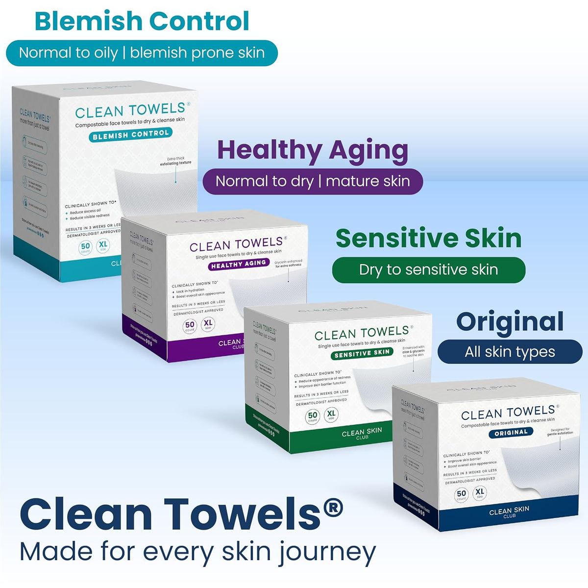 Clean Skin Club Clean Towels XL Variety 4-Pack – Hygienic Disposable Towels for a Calming Nightly Skincare Ritual