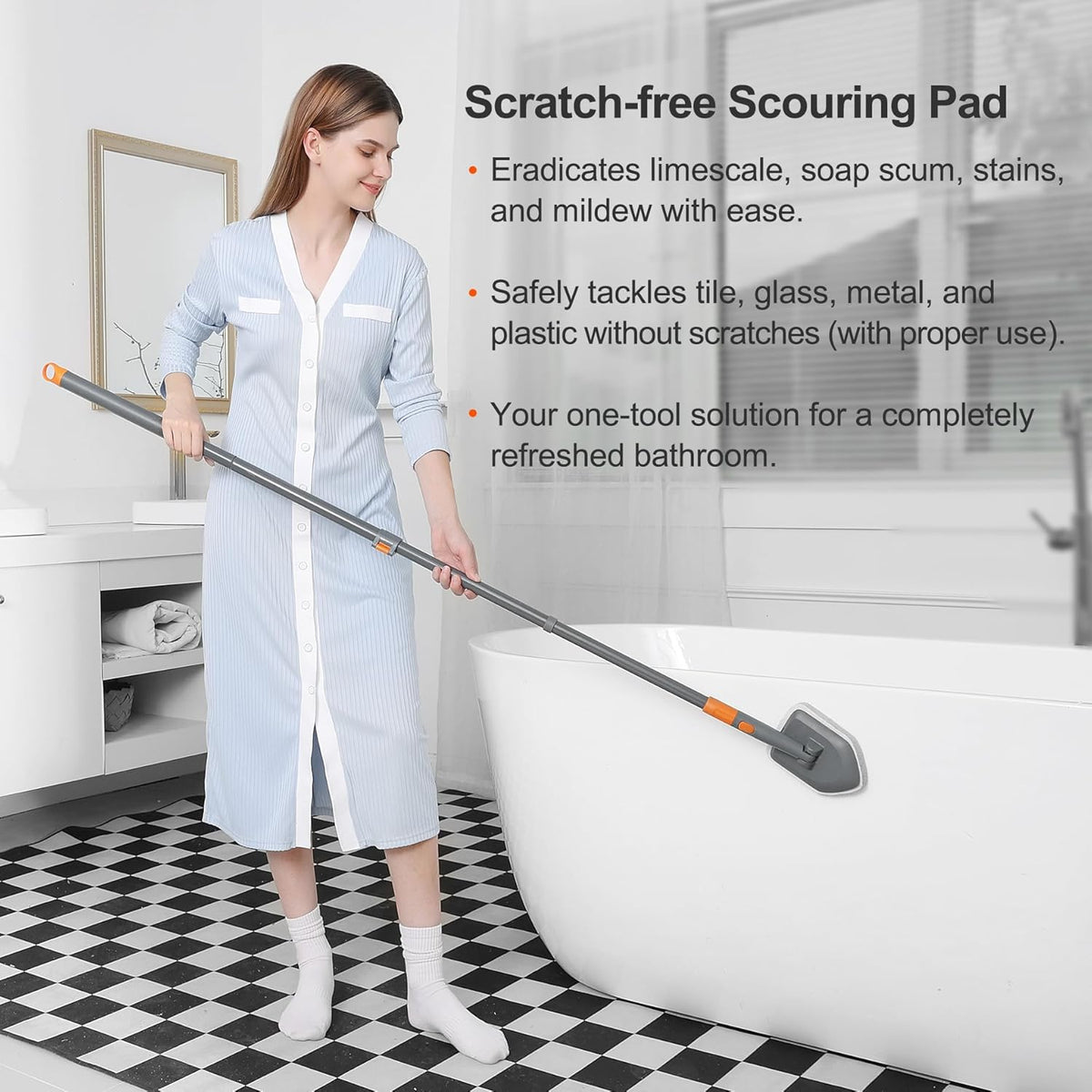 CLEANHOME Anti-Rust Scrub Pole – Stainless Steel Handle for Stable, Slip-Free Bathroom Cleaning