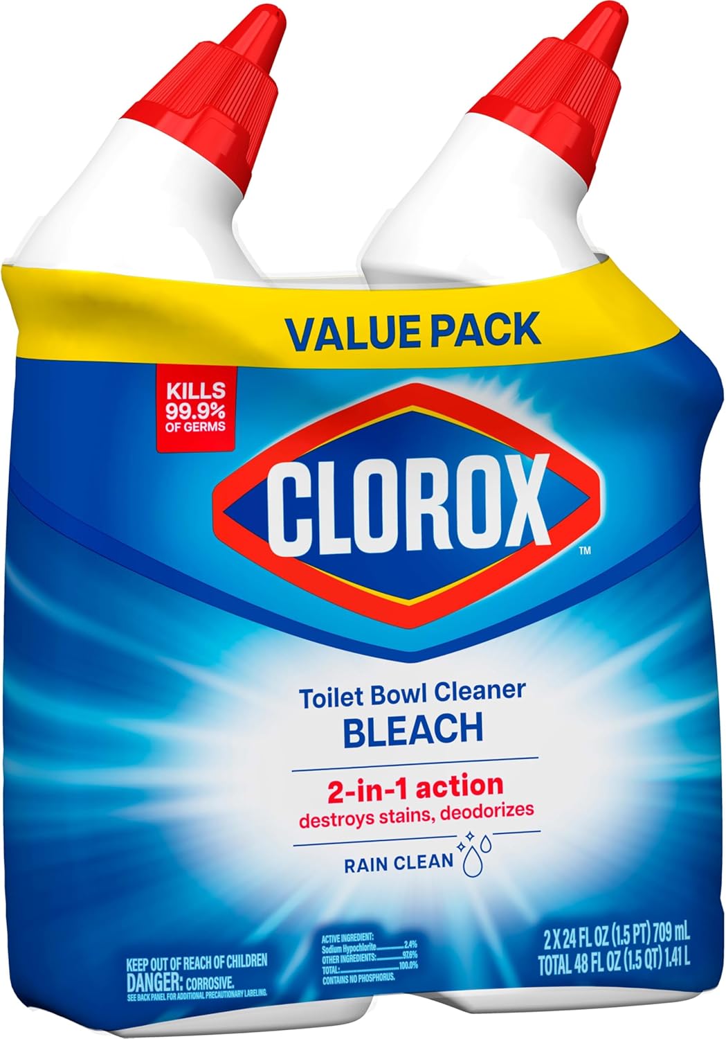 Clorox Toilet Bowl Cleaner Bleach Rain Clean, Non-Abrasive Germ-Killing Gel for Safe Everyday Bathroom Use