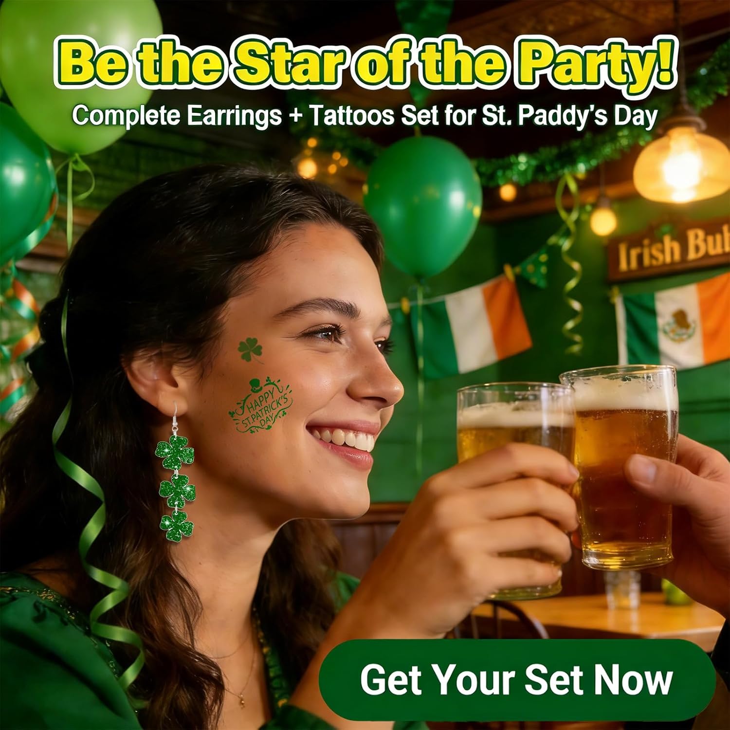 Clover Bloom St Patricks Day Earrings and Tattoos – Unique Irish Gift Idea for Her with Green Shamrock Jewelry and Temporary Body Art for Holiday Gifting