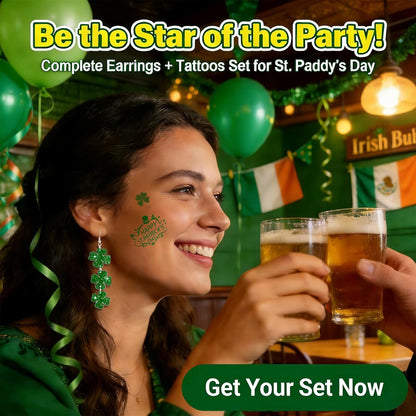 Clover Bloom St Patricks Day Earrings and Tattoos – Unique Irish Gift Idea for Her with Green Shamrock Jewelry and Temporary Body Art for Holiday Gifting