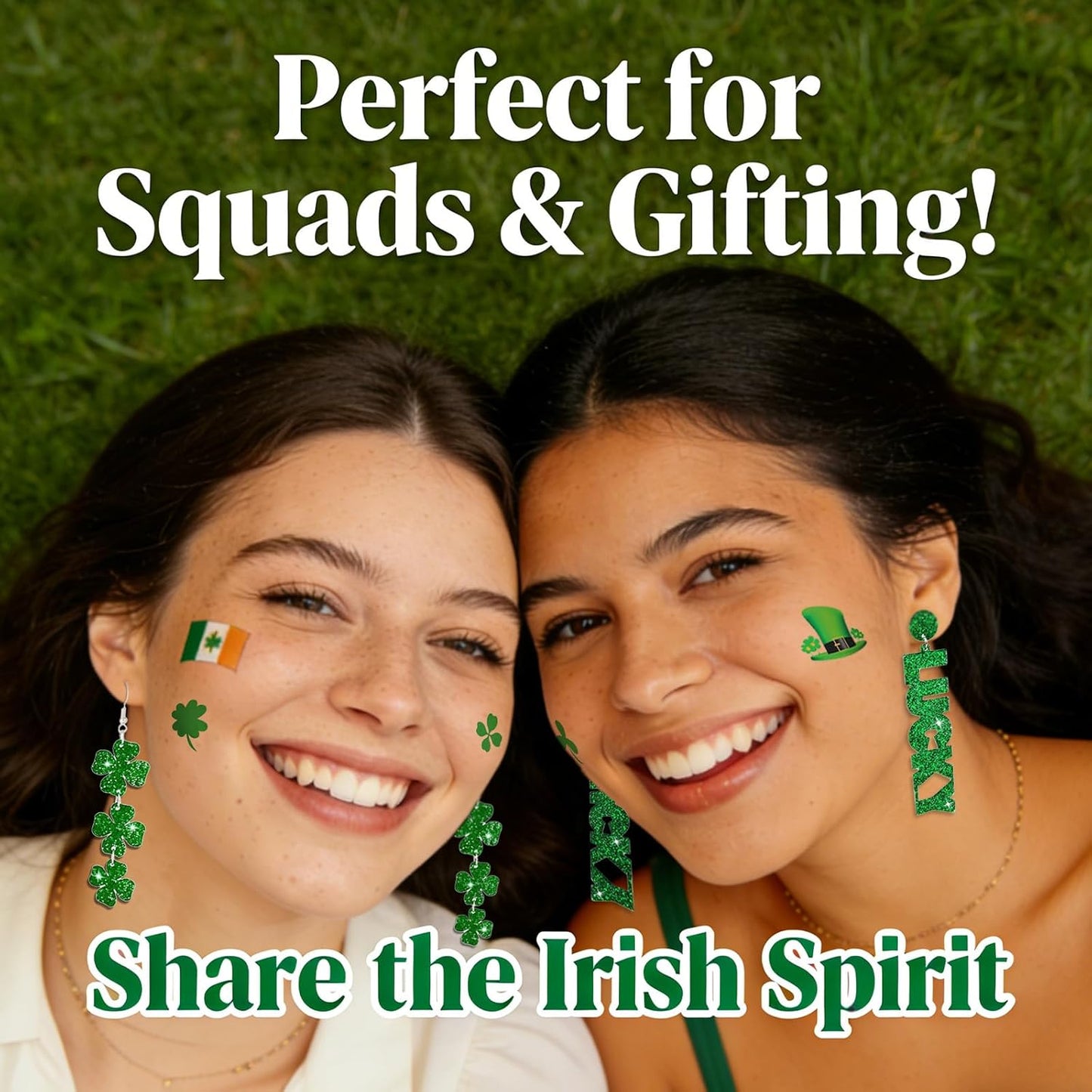 Clover Bloom St Patricks Day Earrings and Tattoos – Unique Irish Gift Idea for Her with Green Shamrock Jewelry and Temporary Body Art for Holiday Gifting